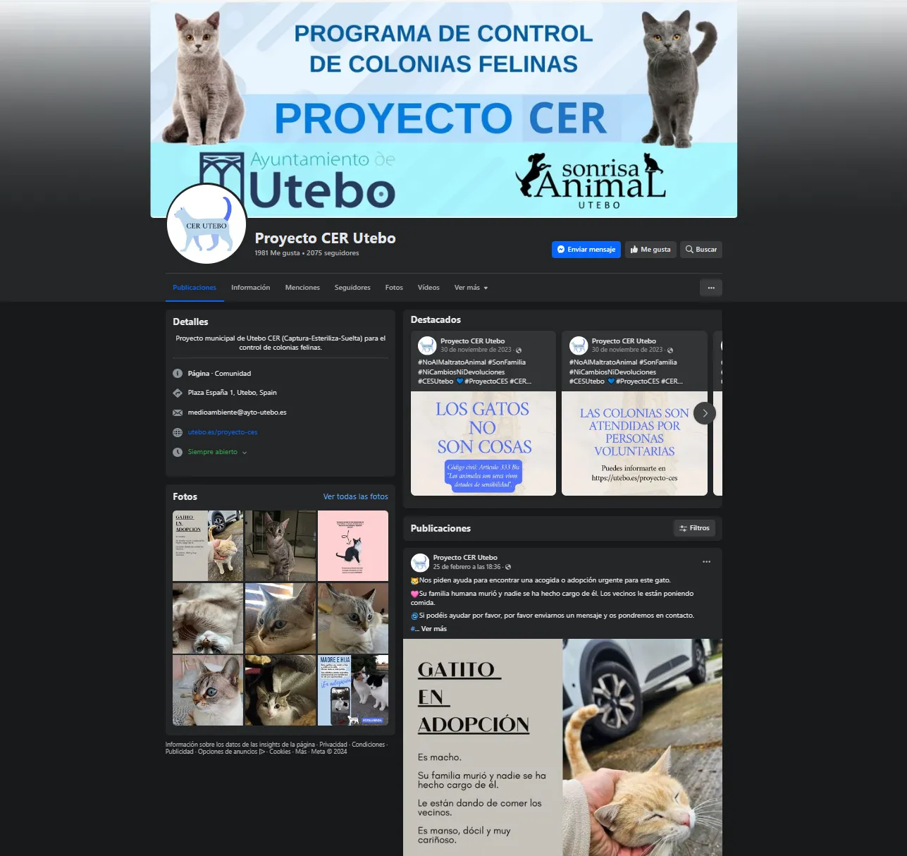 Página del Proyecto CER Utebo, programa municipal de control de colonias felinas.
